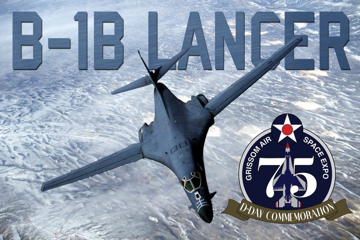 B-1B Lancer strategic bomber in flight over mountainous terrain