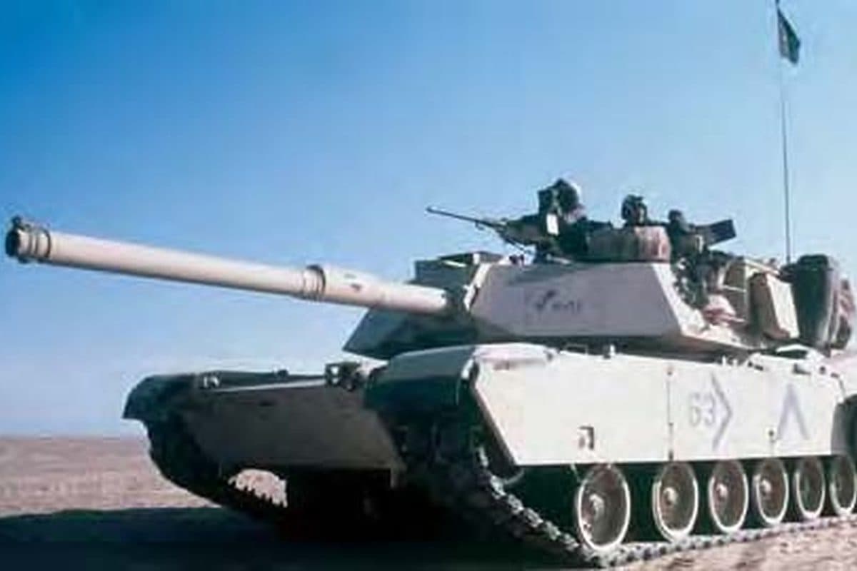 Military battle tanks lined up during an armored exercise