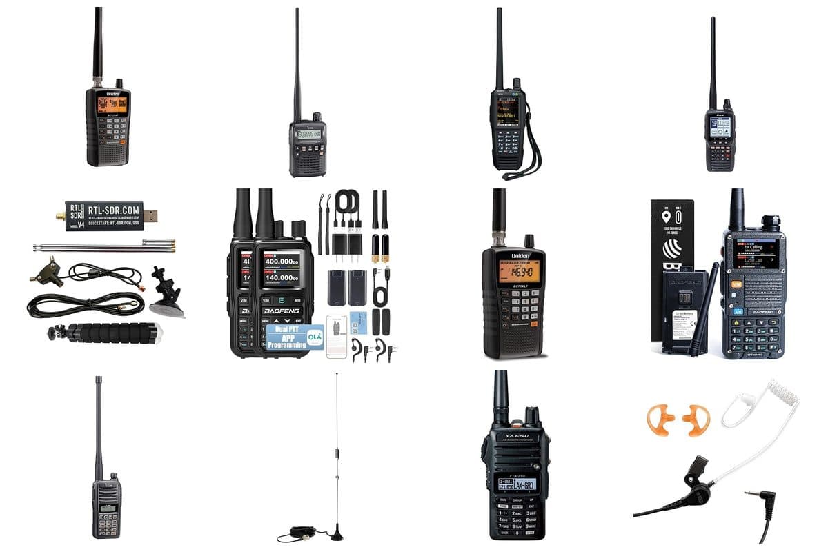 Collection of aviation radio scanners including Uniden BC125AT, Icom IC-R6, and Yaesu FTA-550L