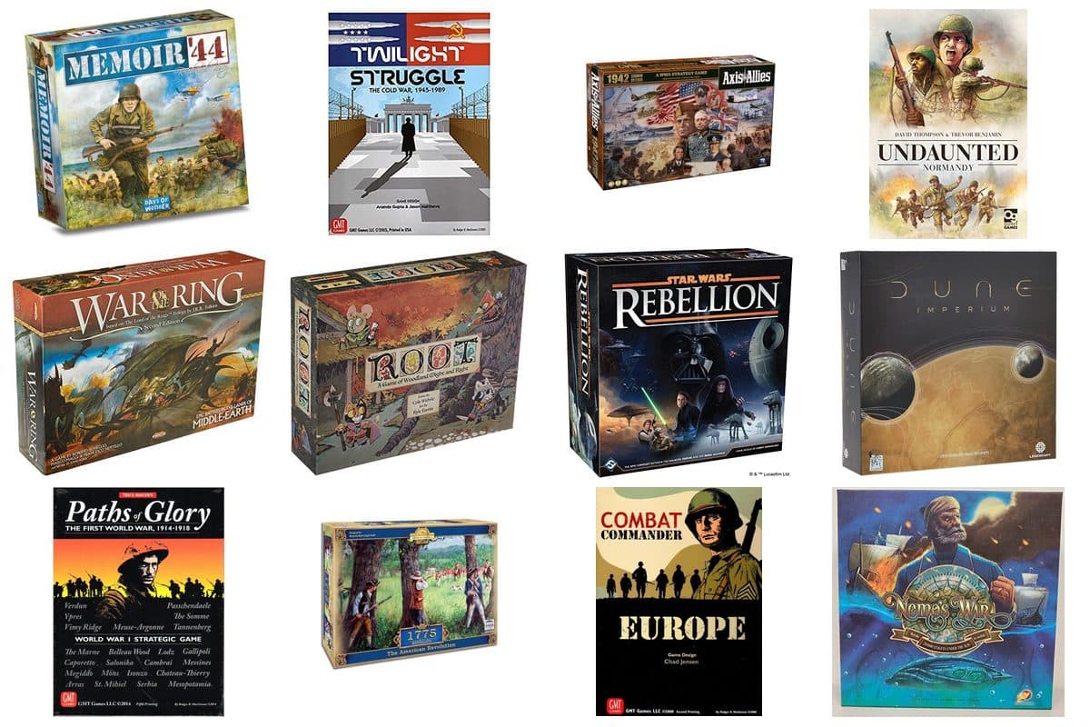 Collection of military board games including Memoir 44, Twilight Struggle, and Axis and Allies