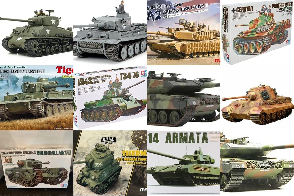 Detailed 1/35 scale tank model kit of a WW2 Tiger I on a modeling workbench