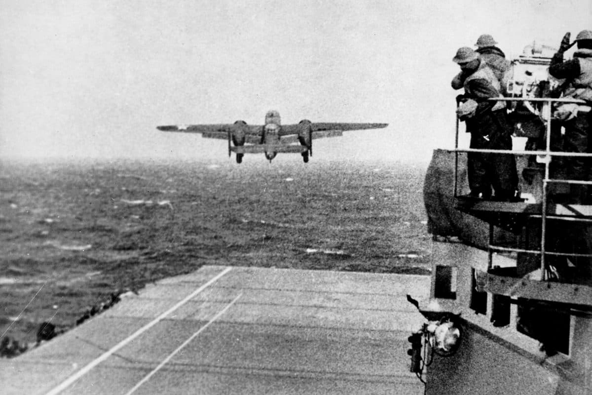 A B-25B Mitchell bomber lifts off from the flight deck of USS Hornet during the Doolittle Raid on April 18, 1942