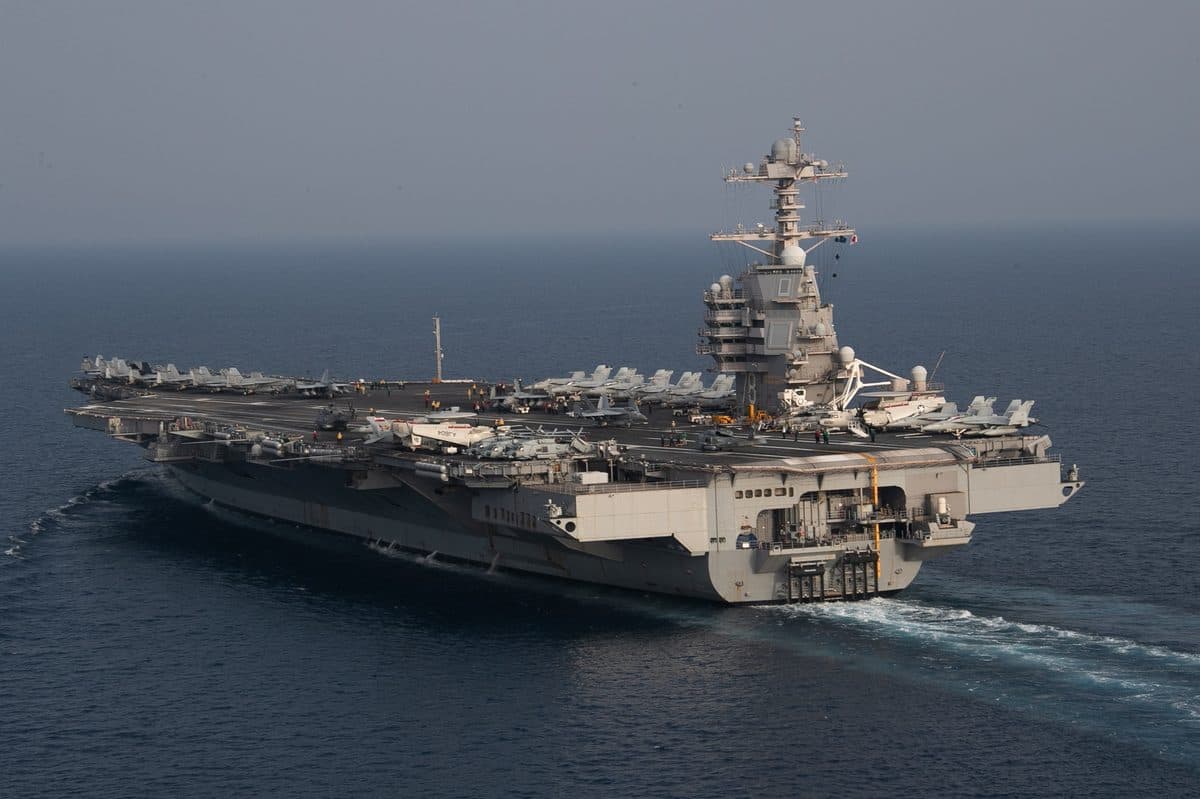 USS Gerald R. Ford (CVN 78) underway in the Adriatic Sea with aircraft on the flight deck
