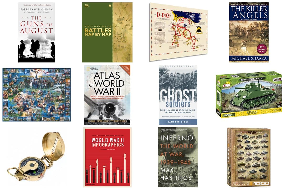 Gift collection for military history buffs including books, vintage maps, puzzles, and collectibles