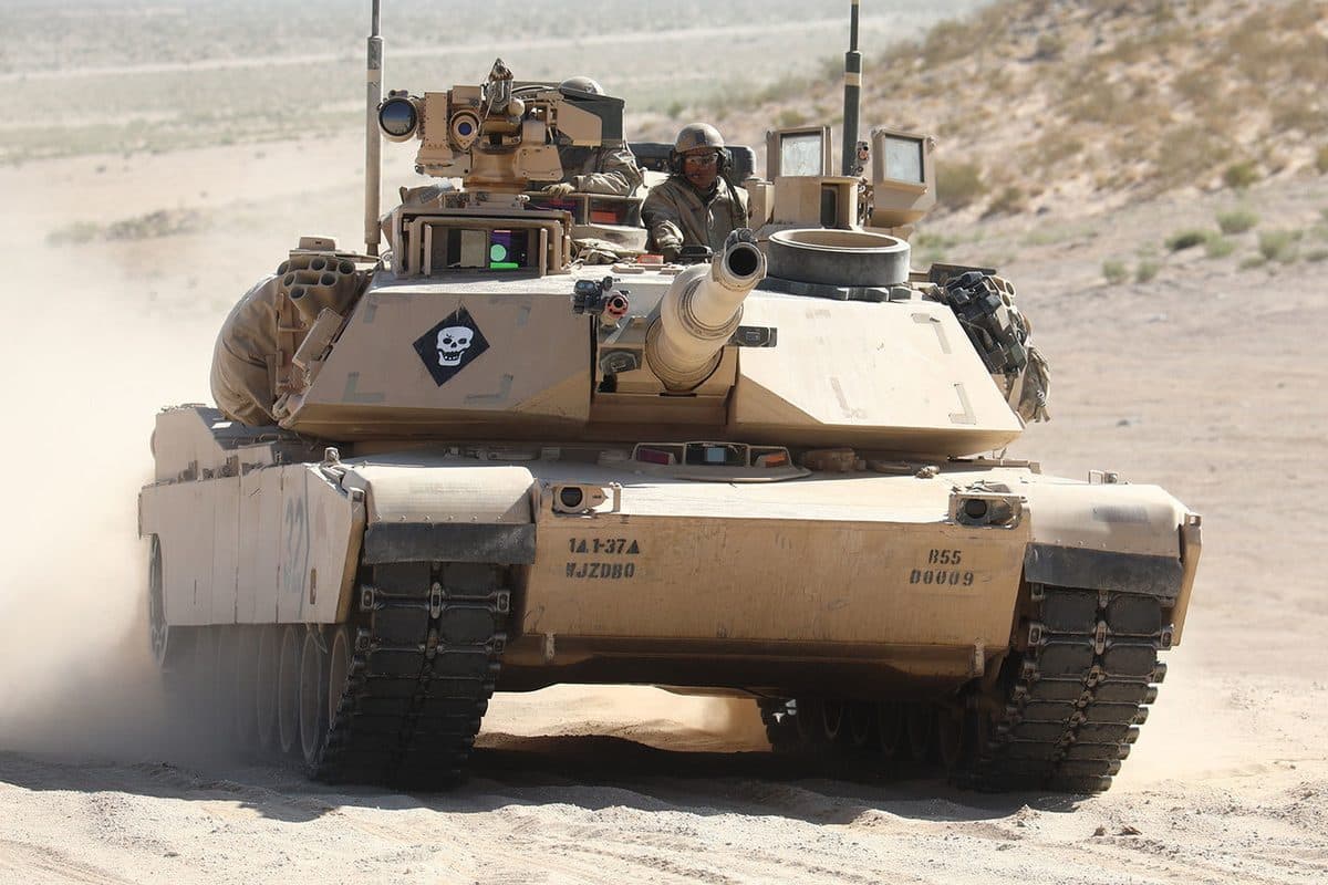 An M1A2 Abrams tank during a training exercise at the National Training Center, Fort Irwin, California