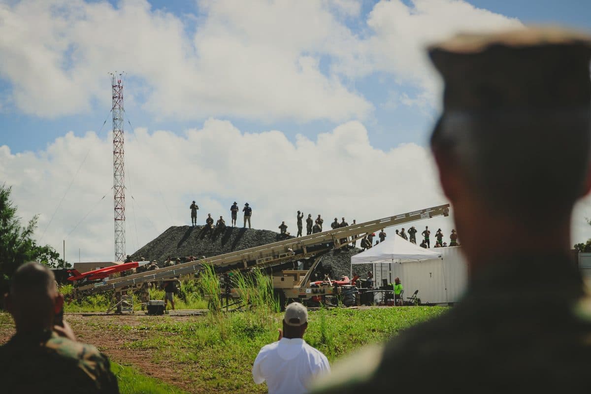 U.S. Army Patriot missile battery deployed in a live-fire exercise with launchers elevated