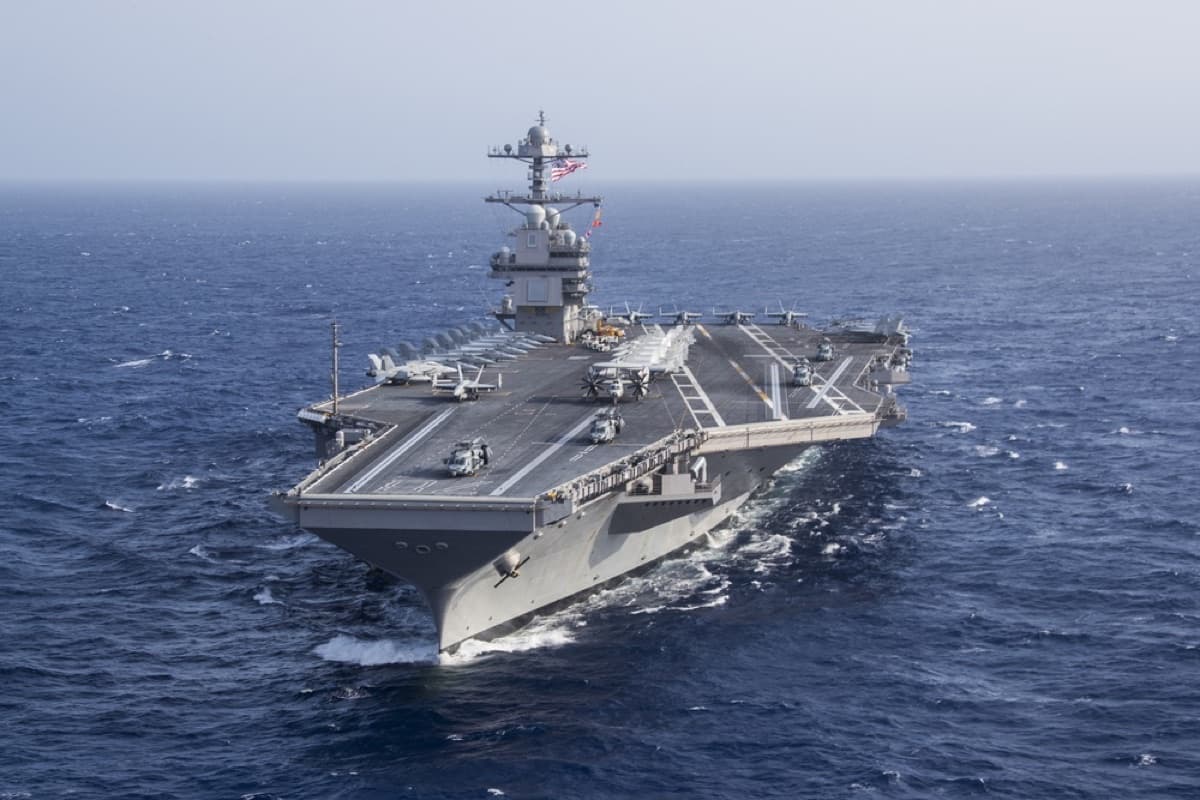 USS Gerald R. Ford and USS Harry S. Truman conducting dual carrier operations in the Atlantic Ocean