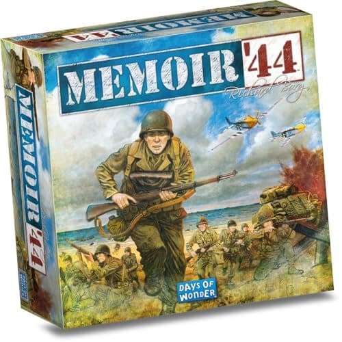 Memoir '44 board game with modular hex battlefield, plastic WW2 miniatures, and command cards