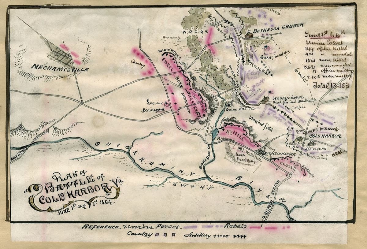 Union soldiers charging across open ground into devastating Confederate fire at Cold Harbor