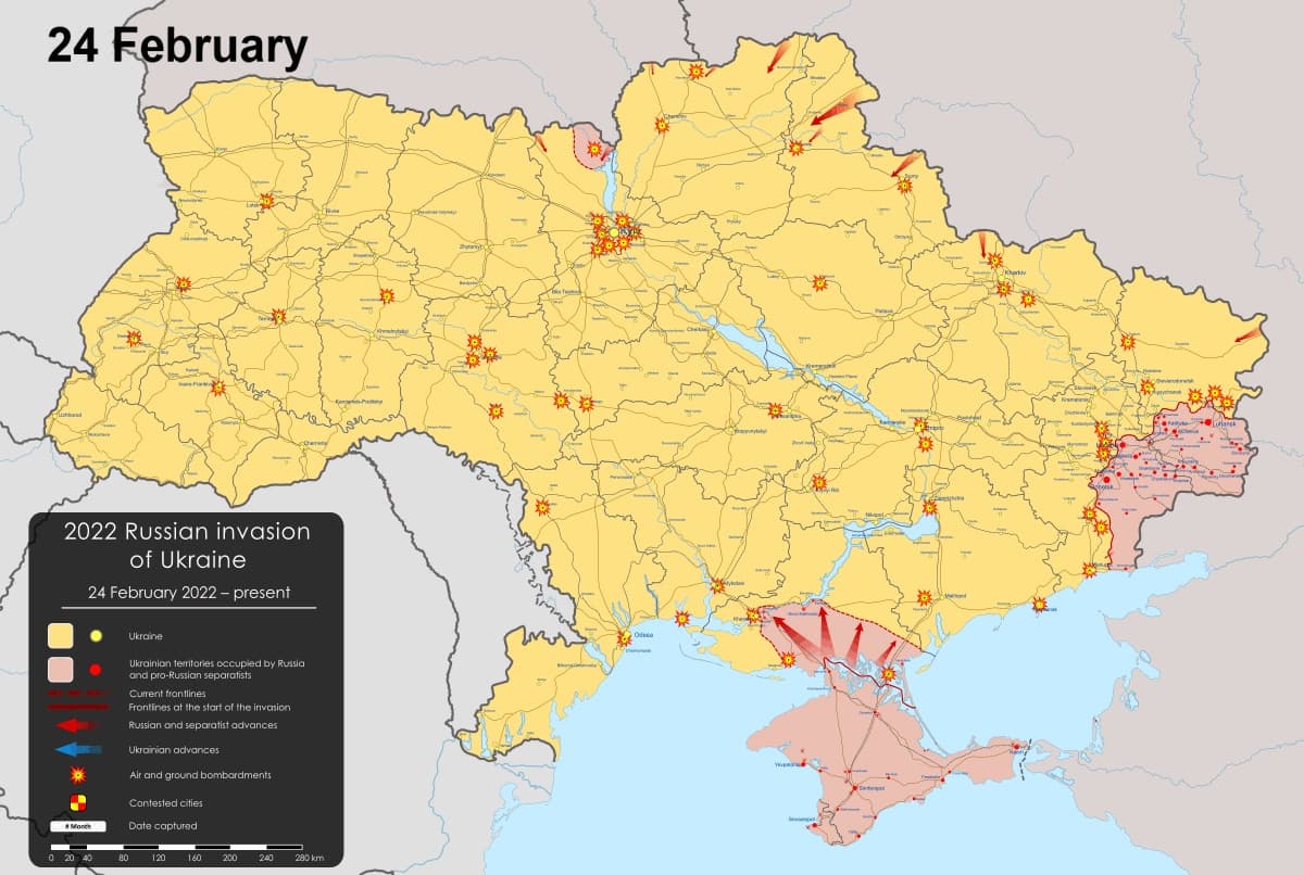 Ukrainian soldiers defending their positions during the initial days of the Russian invasion