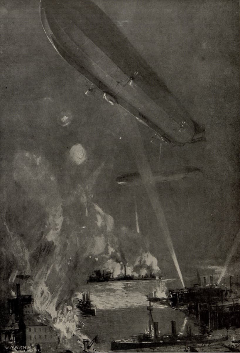 Searchlights attempting to locate a German Zeppelin during a bombing raid over England, 1915