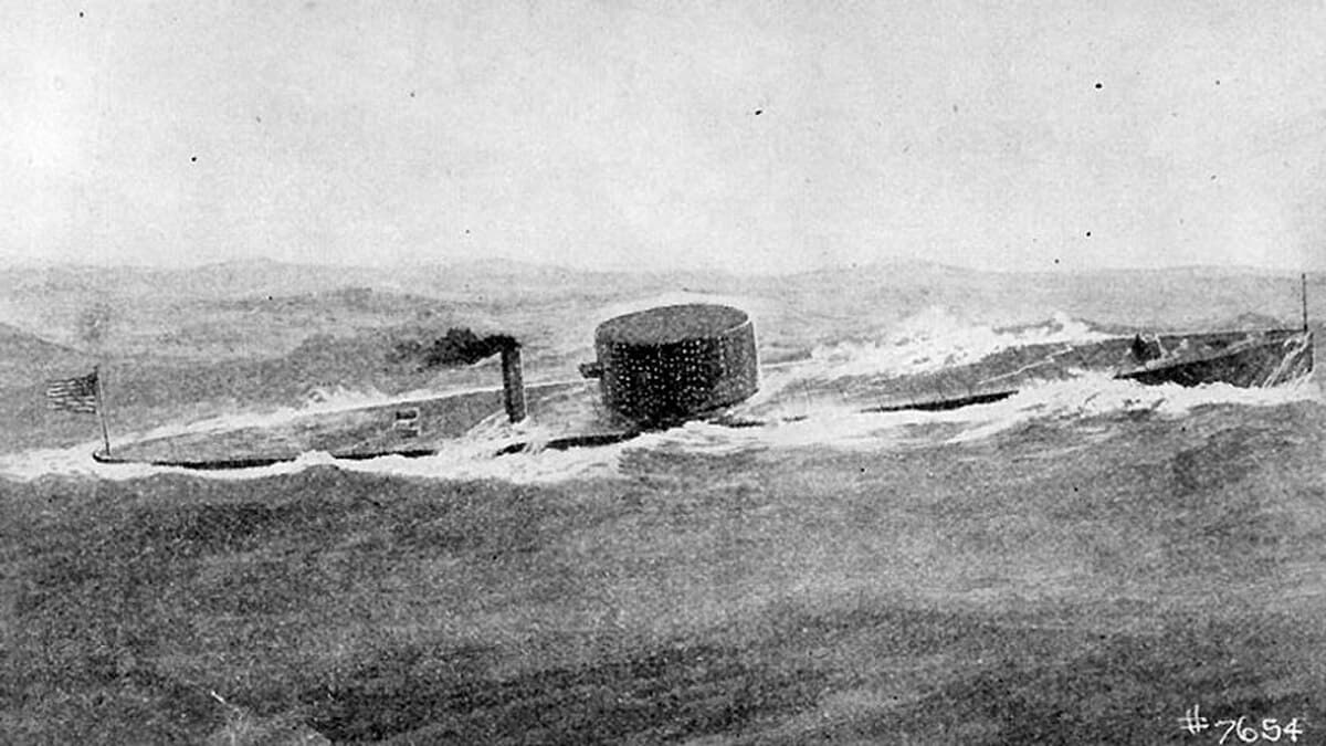 The USS Monitor engaging the CSS Virginia at the Battle of Hampton Roads, the first battle between ironclad warships, March 9, 1862