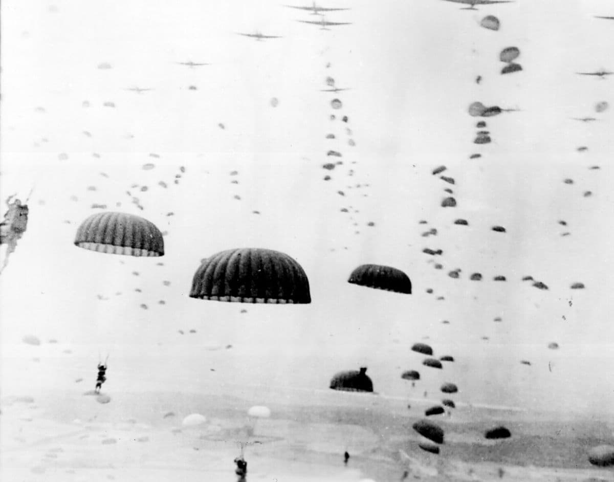 Allied paratroopers and gliders descending east of the Rhine during Operation Varsity, March 24, 1945