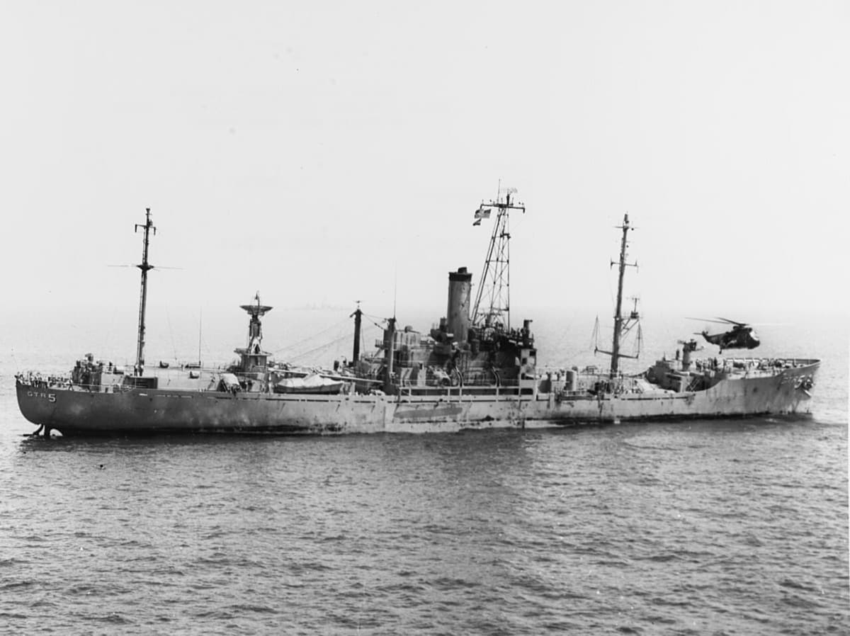 The badly damaged USS Liberty after being attacked by Israeli forces during the Six-Day War