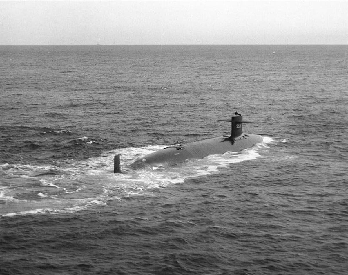 The nuclear-powered submarine USS Thresher (SSN-593) underway on the surface before her loss in April 1963