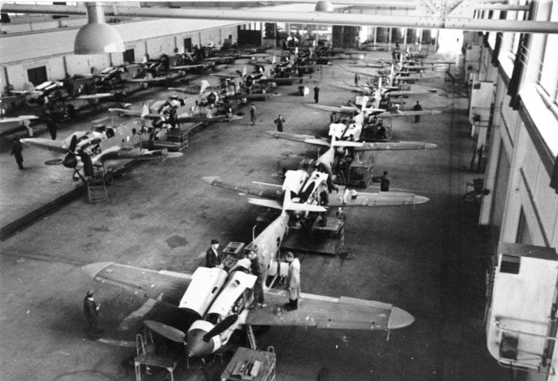 Messerschmitt Bf 109 fighters on a German production line during World War II