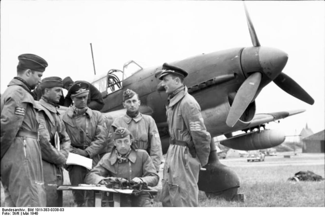 Luftwaffe Stuka pilots at a mission briefing in France, 1940
