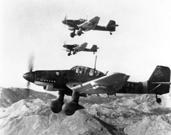 Three Ju 87D Stukas in low-level flight, October 1943