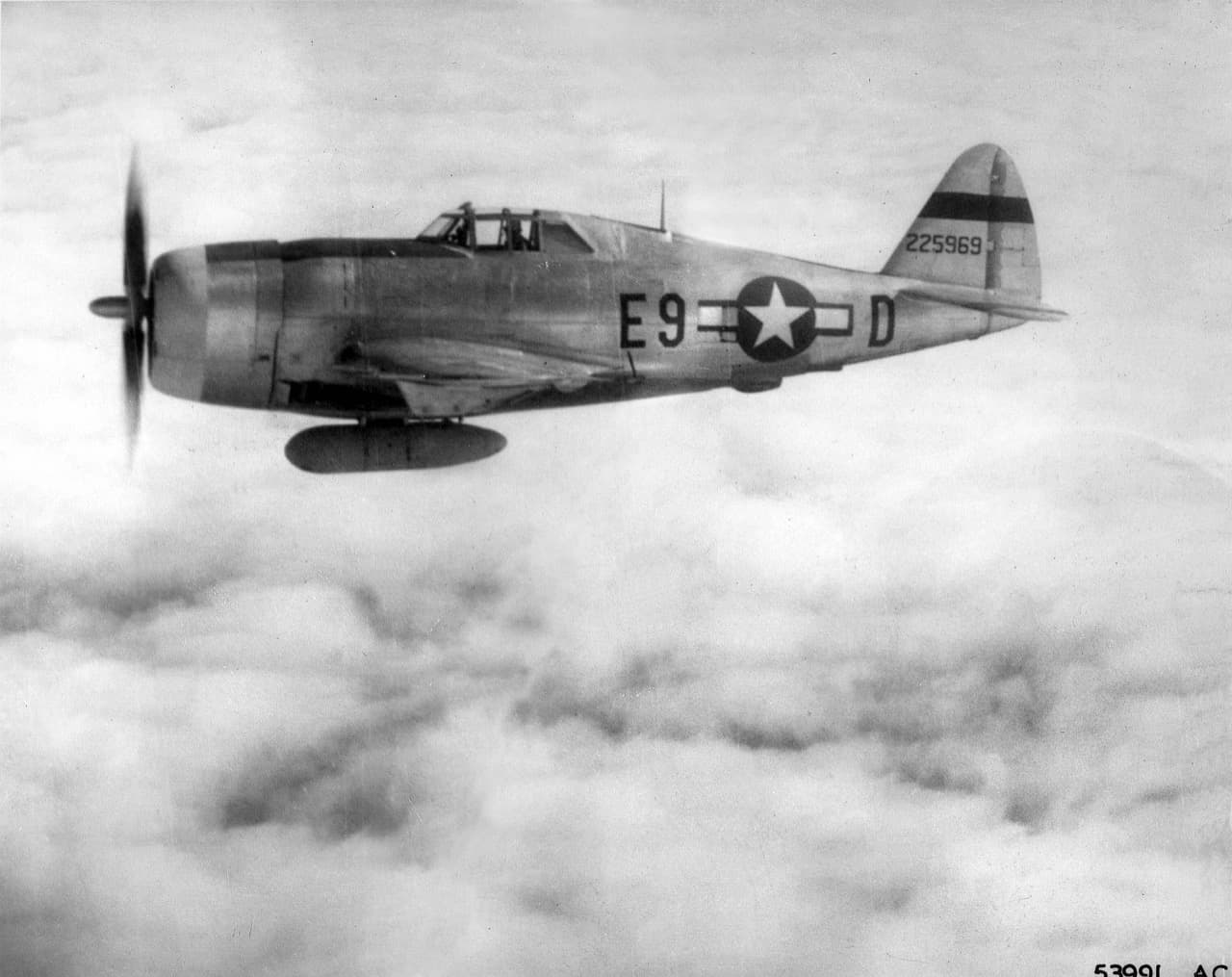 Republic P-47D Thunderbolt razorback variant in flight, serial 225969, 1944