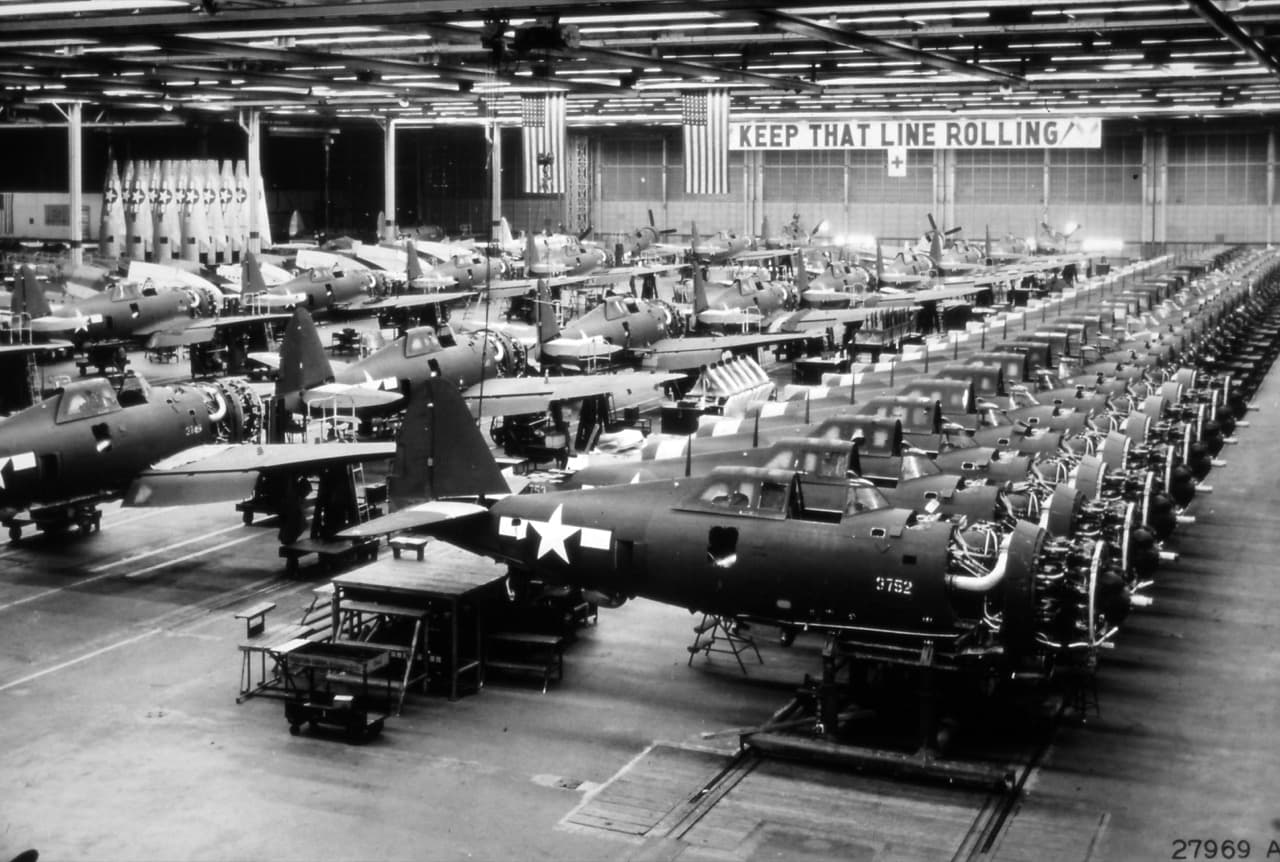 P-47 Thunderbolt fuselages on the assembly line at a Republic Aviation factory