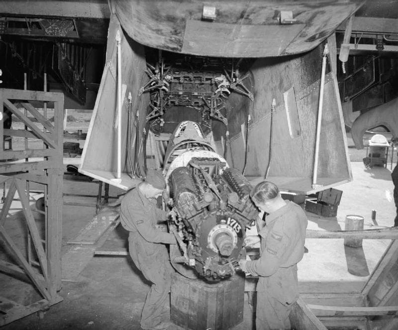 Merlin engine maintenance on a Spitfire at Maison Blanche