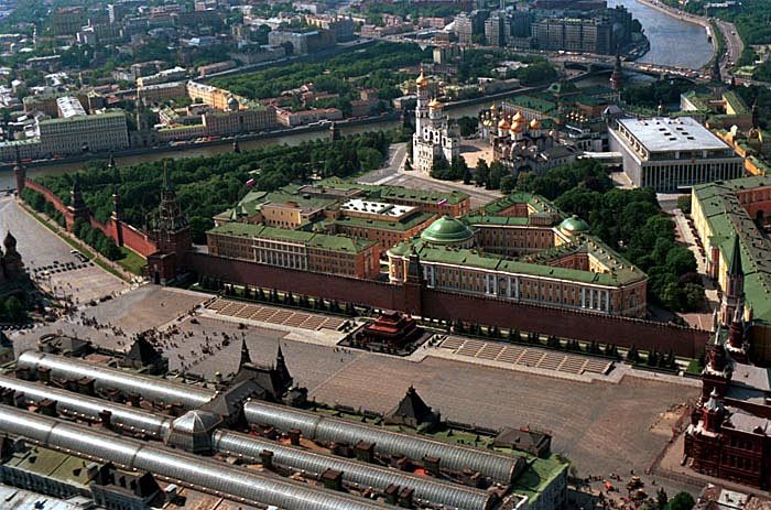 Moscow Kremlin fortress walls and towers viewed from across the Moscow River