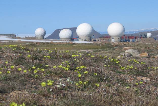 Radar domes at Pituffik Space Base (formerly Thule Air Base) in northern Greenland