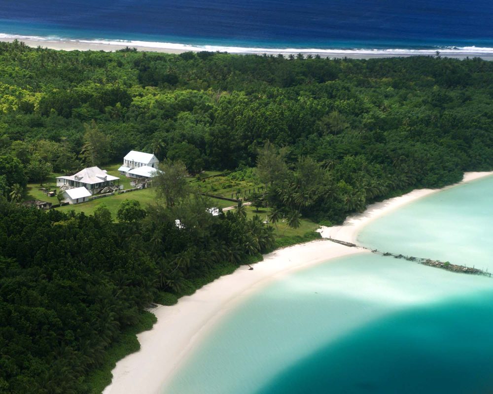 Diego Garcia military base atoll in the Indian Ocean showing lagoon and military facilities