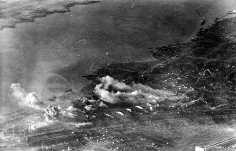 Aerial view of the devastated city of Stalingrad under aerial bombardment during the 1942-1943 battle