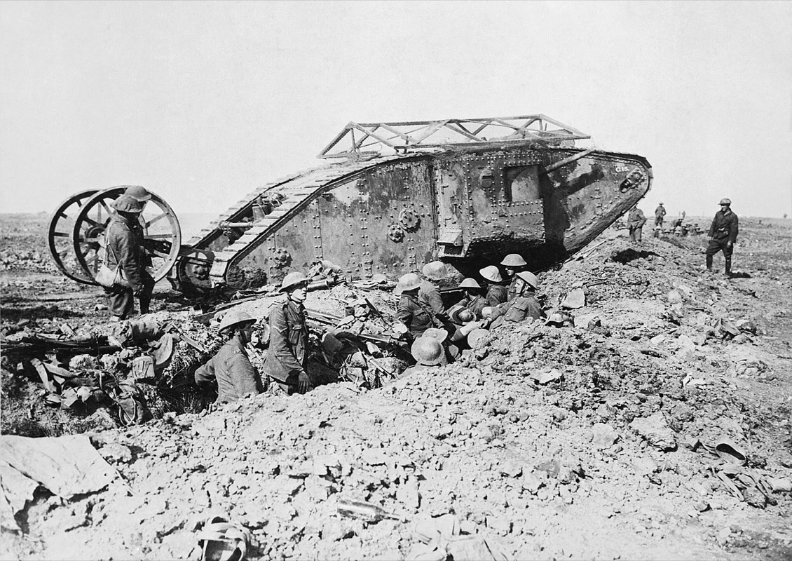 British Mark I tank advancing across the cratered battlefield of the Somme in September 1916