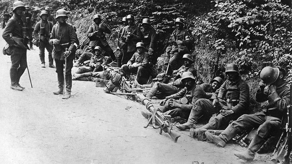 Soldiers during the Battle of Caporetto on the Italian Front showing the chaotic retreat in 1917