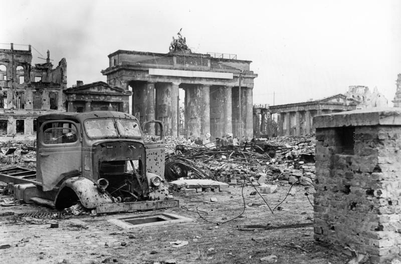 Destroyed buildings and the Brandenburg Gate in Berlin after the final Soviet assault in 1945