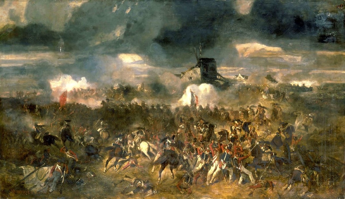 Painting depicting the Battle of Waterloo with cavalry charges and artillery fire in 1815