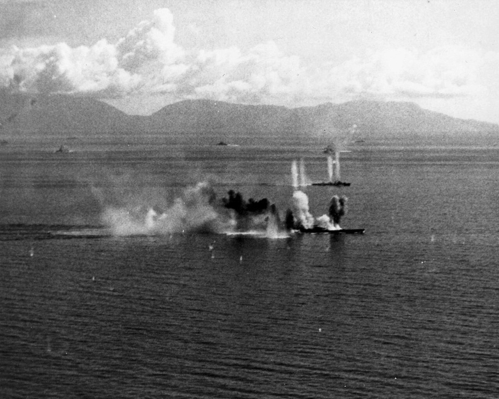 Japanese battleship Musashi under air attack in the Sibuyan Sea during the Battle of Leyte Gulf October 1944