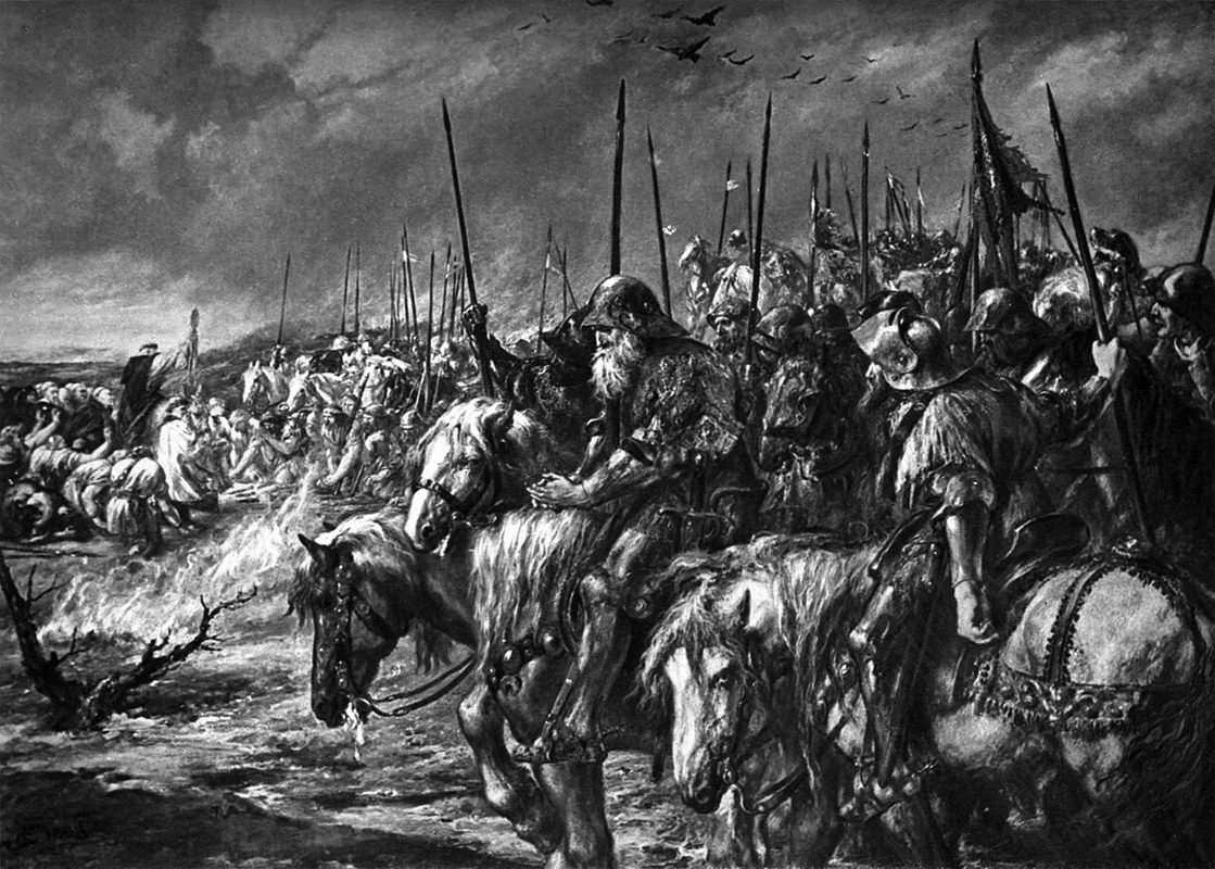 Historical illustration of the Battle of Agincourt showing English longbowmen fighting French knights in 1415