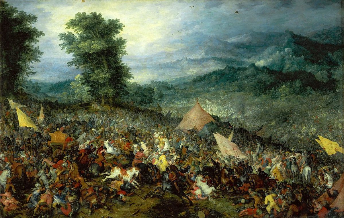 Historical painting depicting the Battle of Gaugamela between Alexander the Great and the Persian Empire