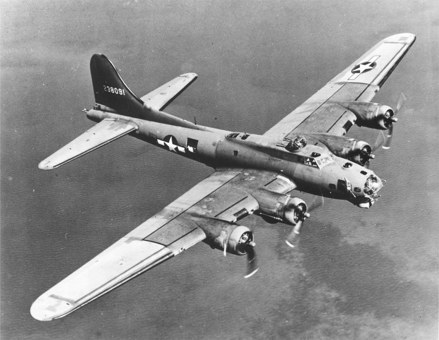 Formation of B-17 Flying Fortress bombers with contrails over Europe