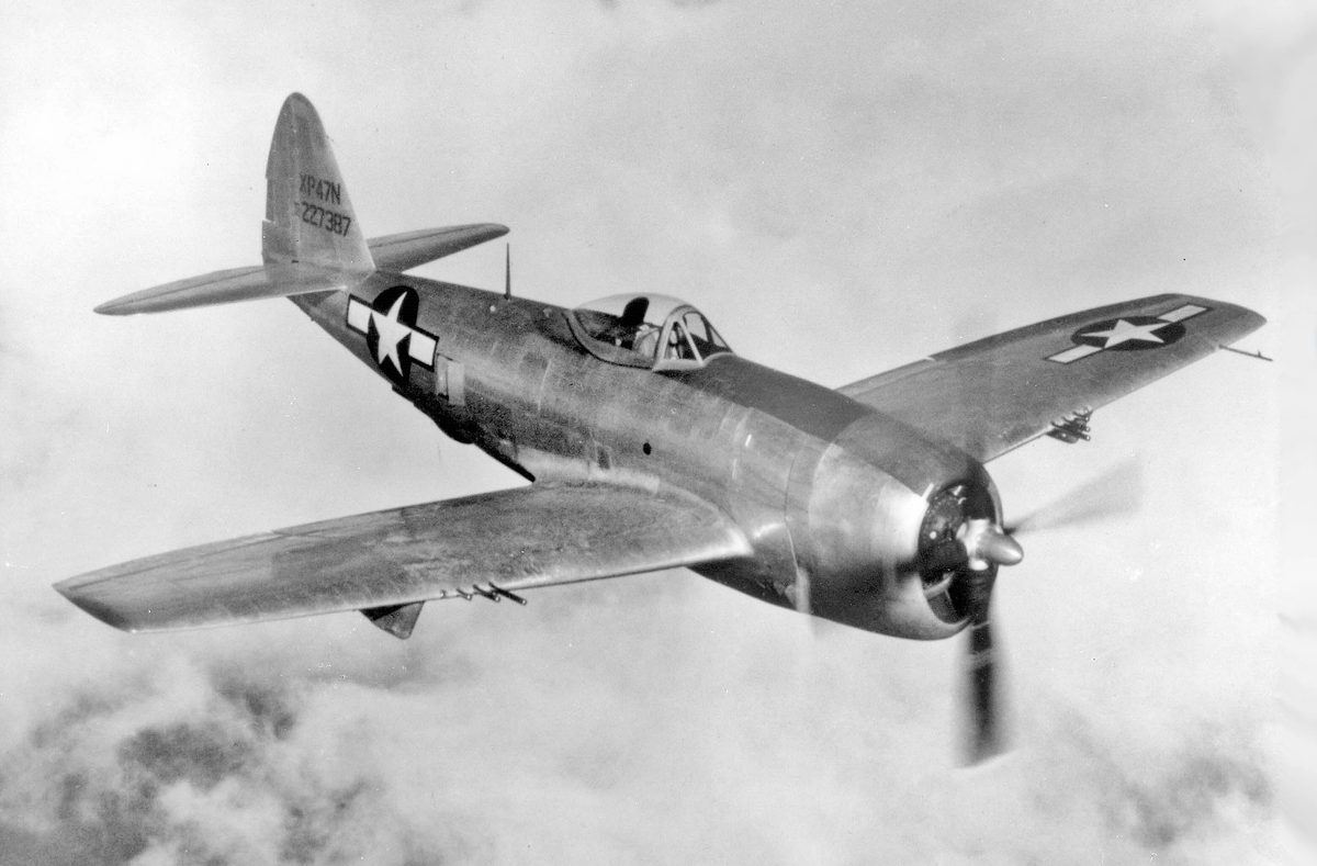P-47 Thunderbolt with distinctive razorback fuselage in flight