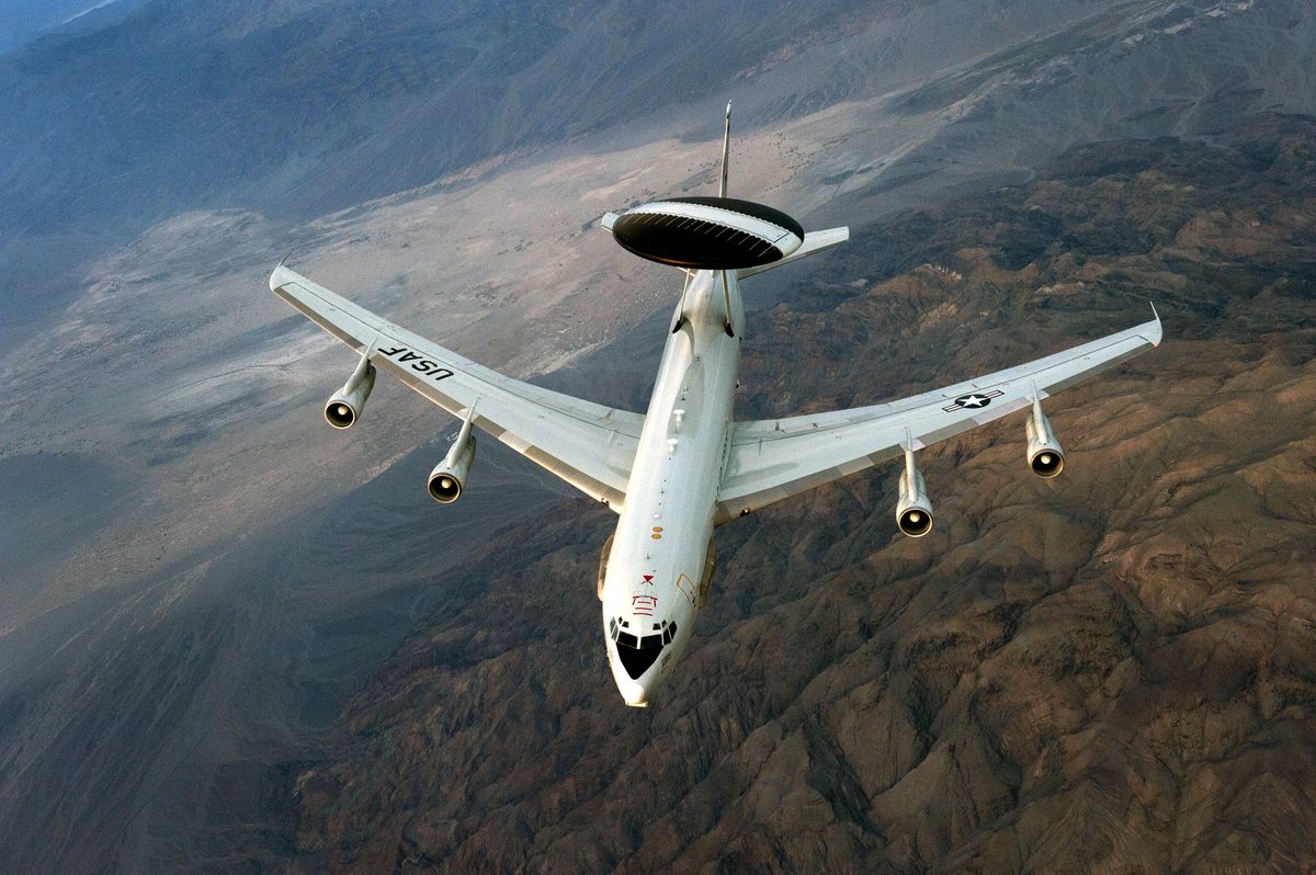 E-3 Sentry AWACS aircraft with distinctive rotating radar dome on top