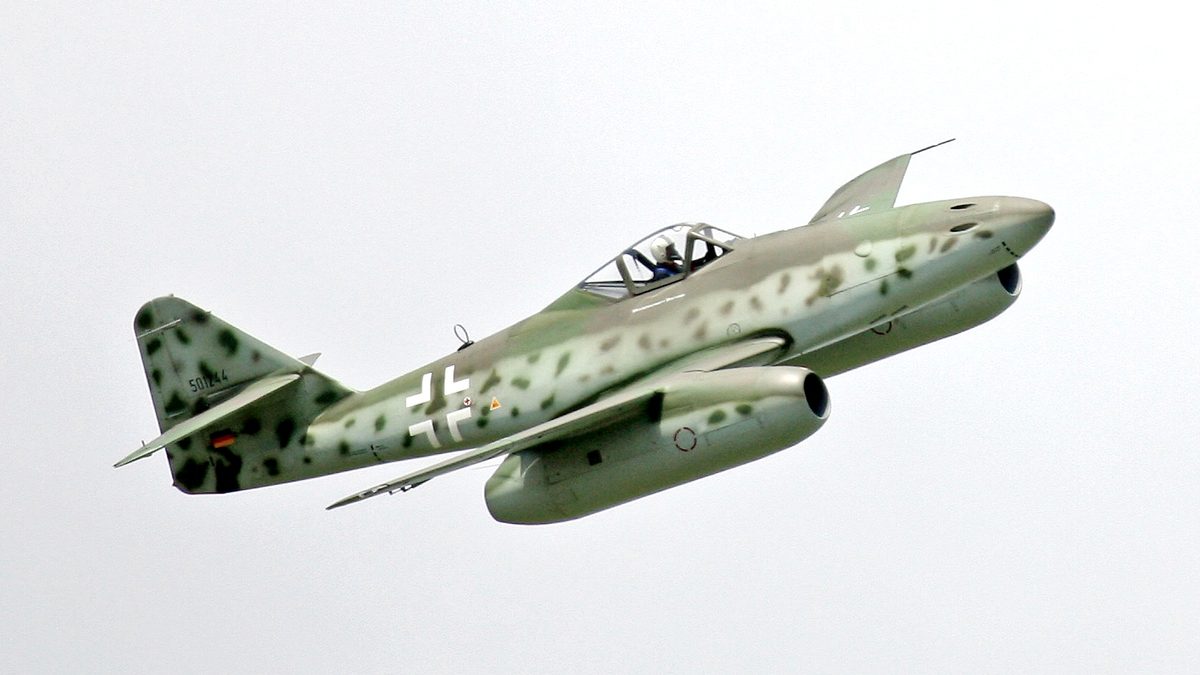 Messerschmitt Me 262 jet fighter with distinctive swept wings in Luftwaffe markings
