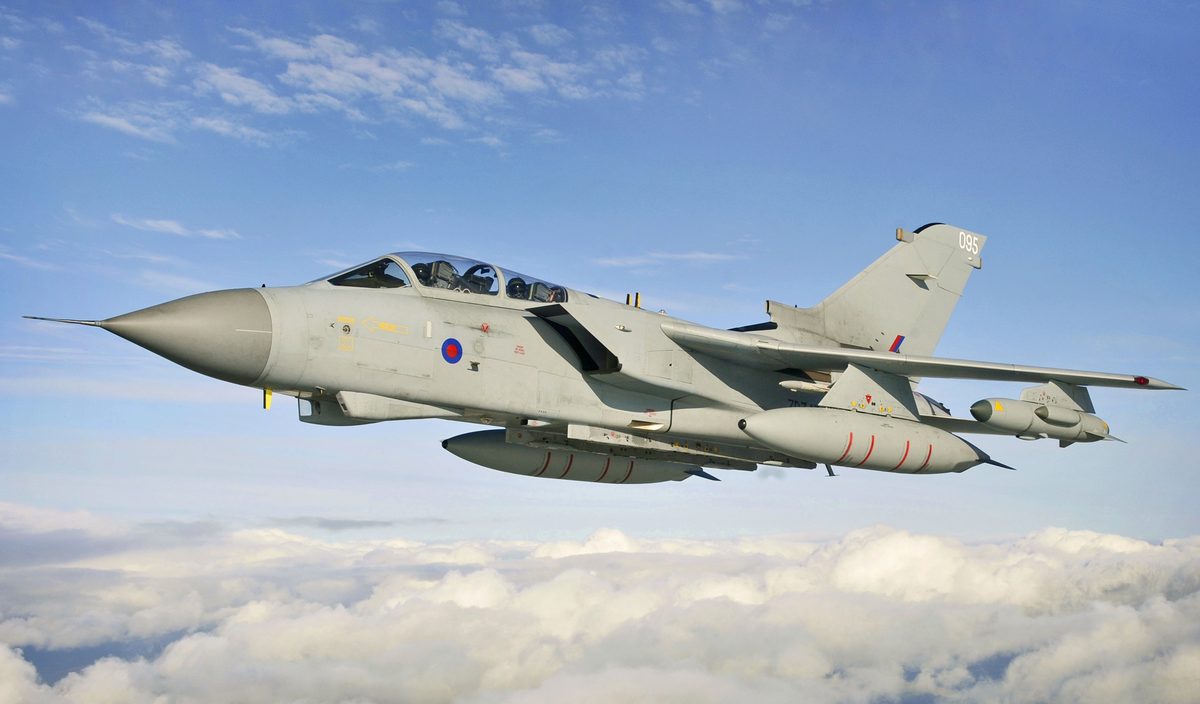 Panavia Tornado GR4 flying at low level through a mountain valley
