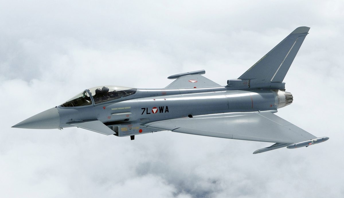 Eurofighter Typhoon in flight with full air-to-air missile loadout