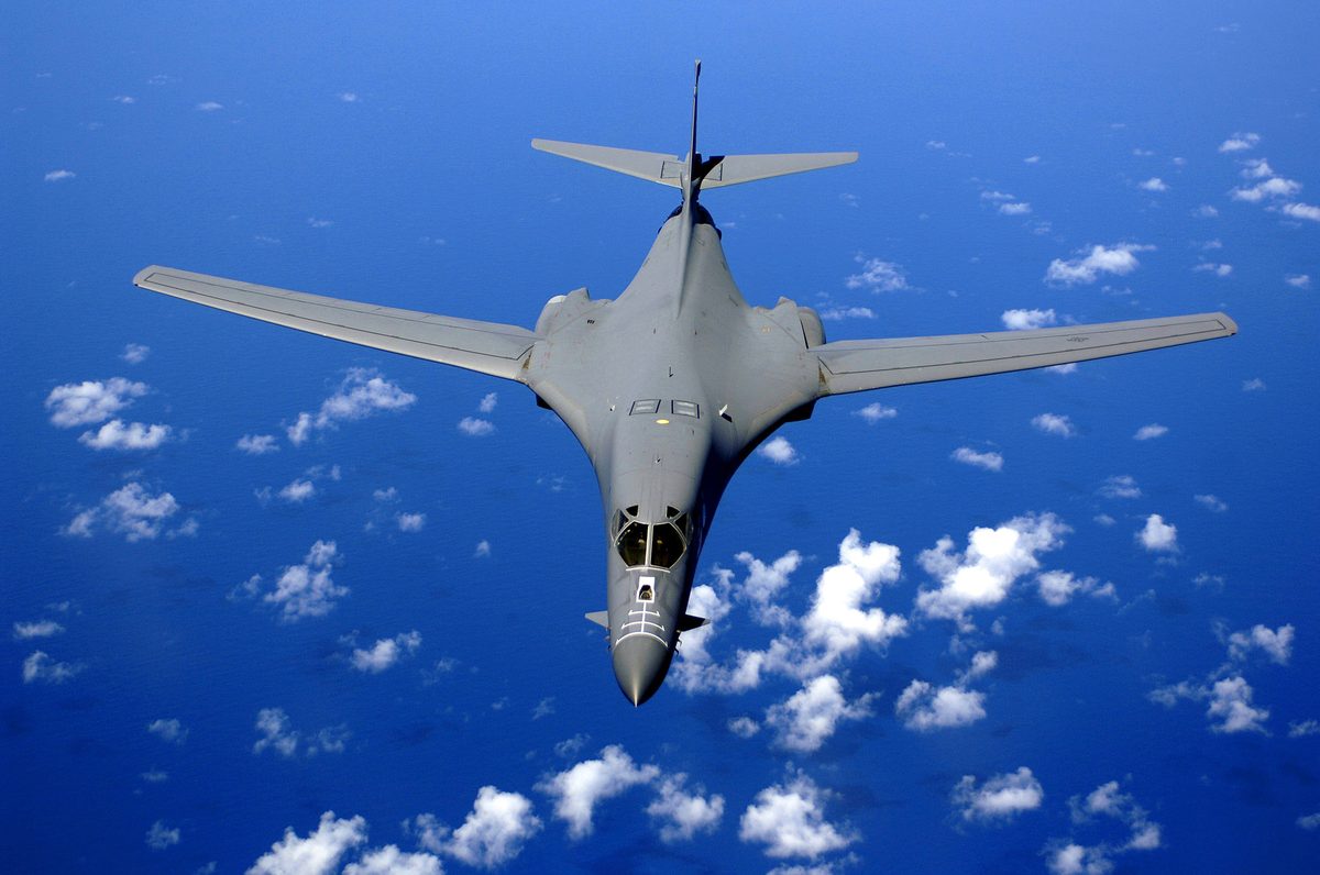 B-1B Lancer supersonic bomber with wings swept back at high speed