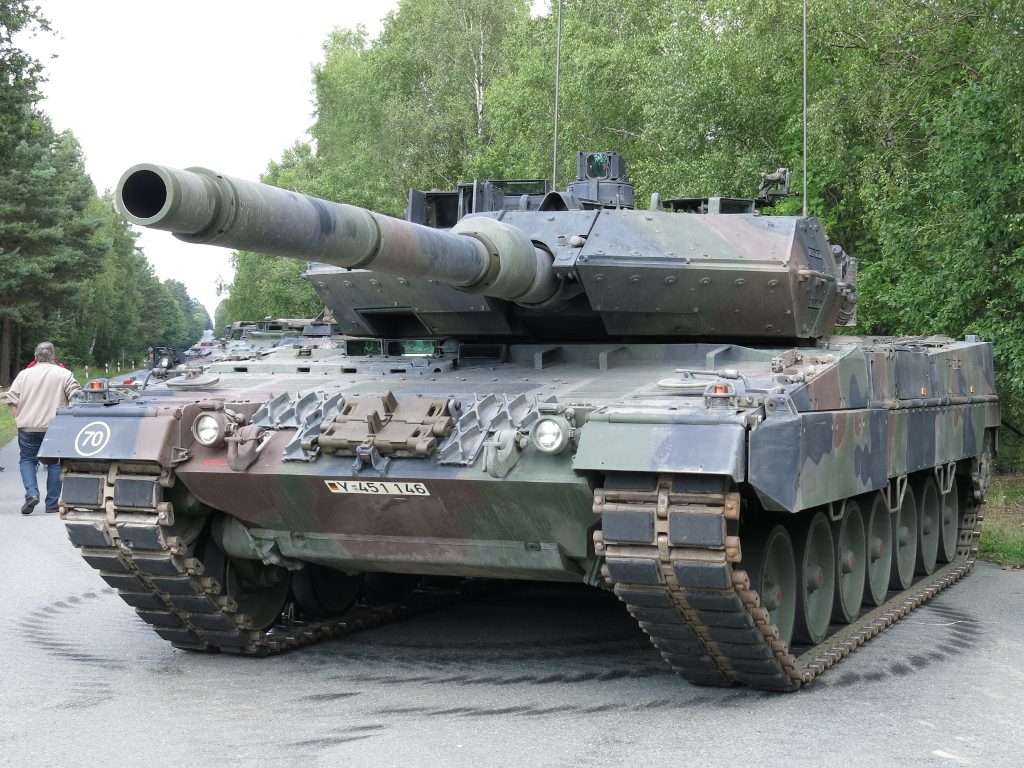 German Leopard 2A7 main battle tank advancing at speed during NATO exercises