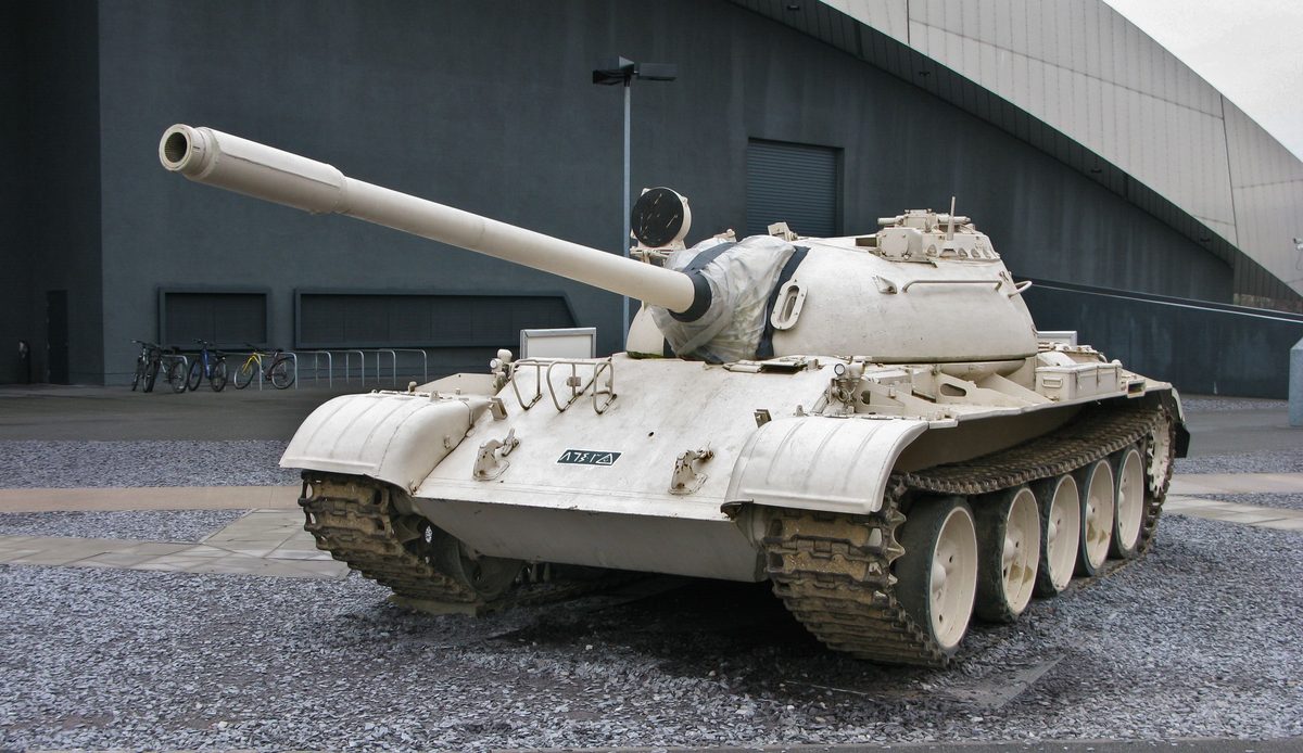 T-55 tanks in column formation during a Cold War era military exercise