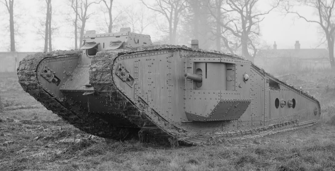 British Mark IV tank crossing a trench with fascine bundle during the Battle of Cambrai