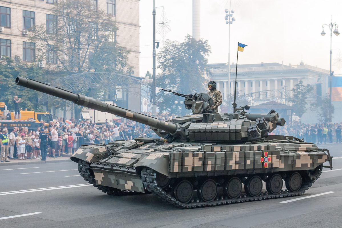 Soviet T-64 tank with composite armor turret in a Ukrainian field