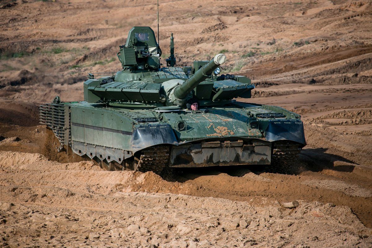 Russian T-80 main battle tank at high speed with its gas turbine exhaust visible