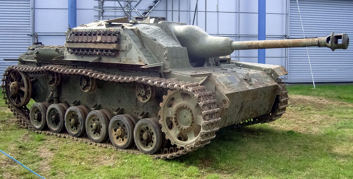 German StuG III assault gun with low-profile silhouette in camouflage during World War II