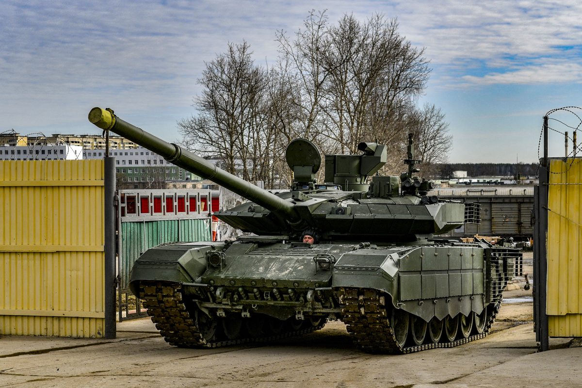 Russian T-90 main battle tank firing its 125mm smoothbore gun during live exercises